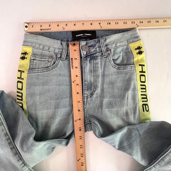 Homme + Femme NEW Tesla Skinny Blue Jeans 28 Yellow Green Gradient Logo Ribbon - Picture 7 of 9